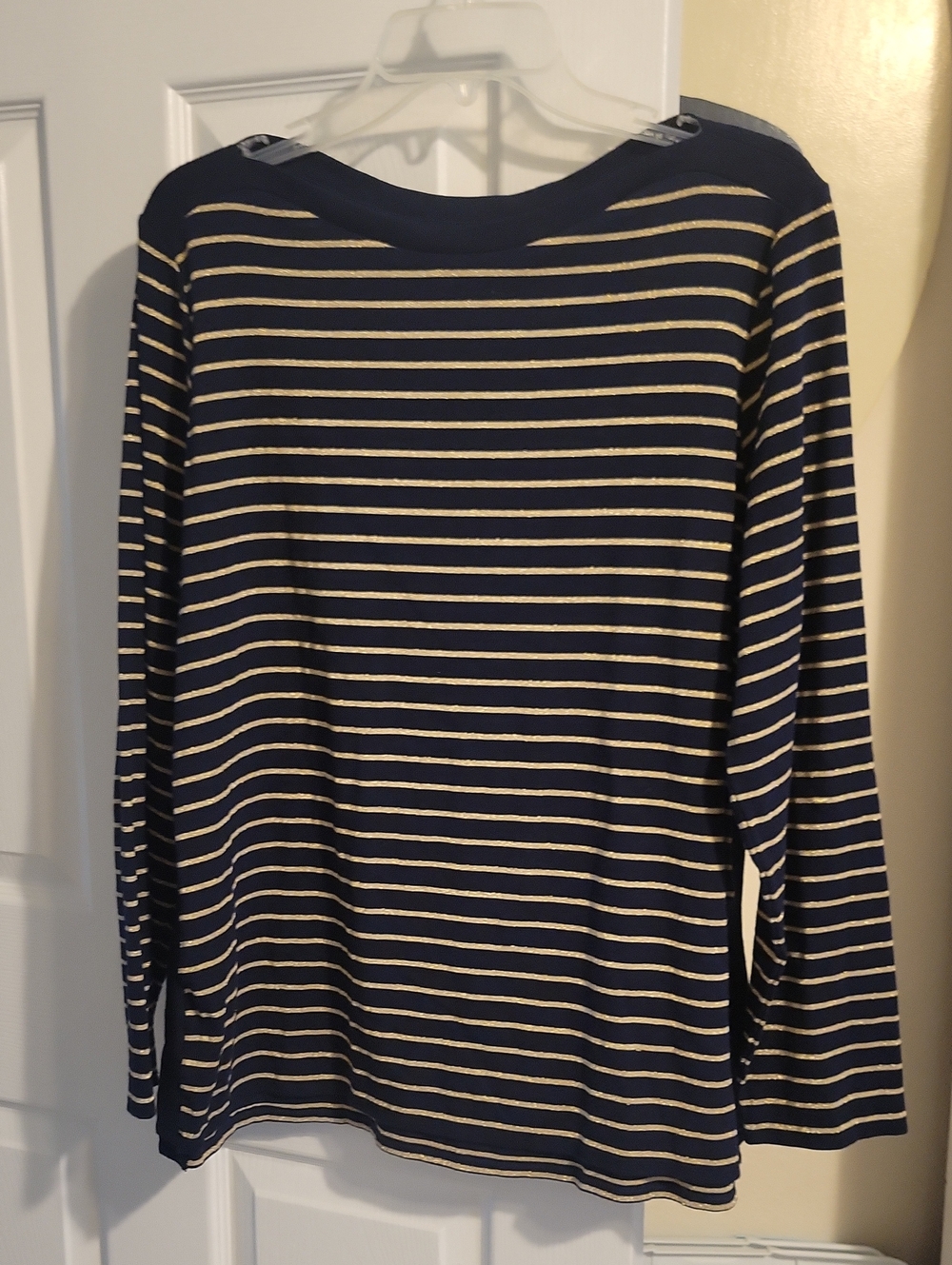 Lauren Ralph Lauren sz2X Navy and Cream glitter Striped Scoop Neck Sweater
